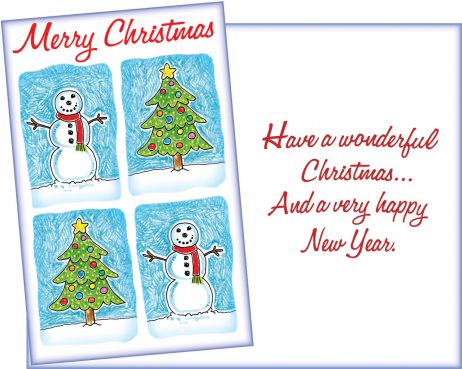 Merry Christmas Snowman and Christmas Tree New Year Card